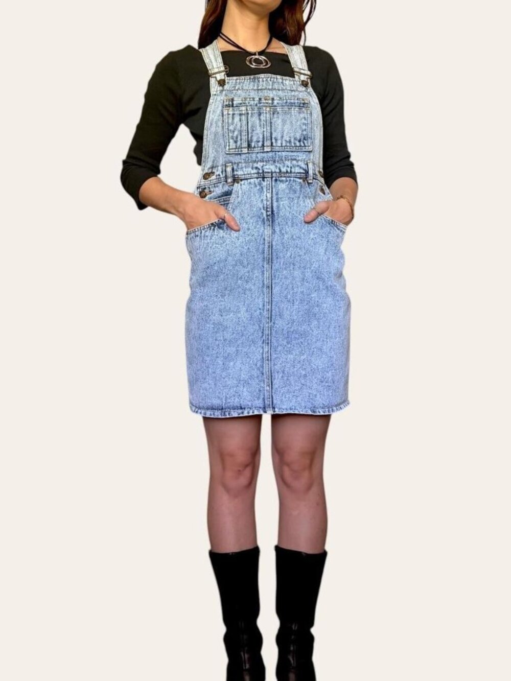 80s/90s vintage Squeeze acid wash denim overall jumper mini dress - XSmall